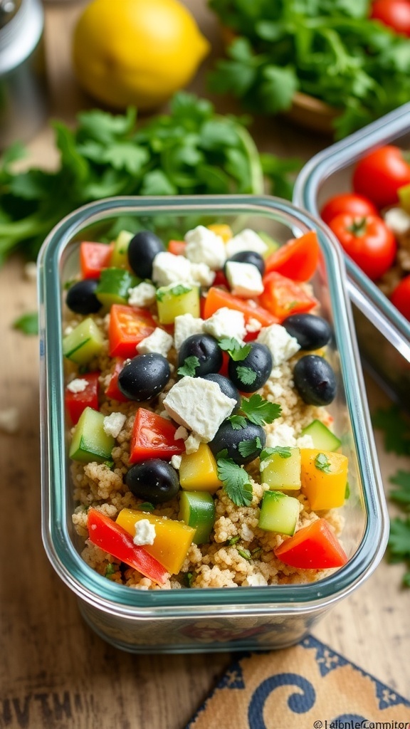 Mediterranean Greek quinoa meal prep with cucumbers, tomatoes, bell peppers, olives, and feta in a container.